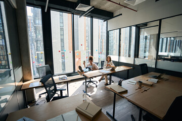 Women are sitting at laptop and chatting in large coworking