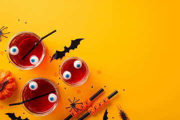 Halloween children's party concept. Top view photo of glasses with drink floating eyeball punch...