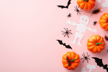 Halloween concept. Top view photo of skeleton bones bat silhouettes pumpkins spiders cockroach and...
