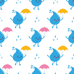 Cute happy cartoon style blue water drop character with umbrella vector seamless pattern background.
