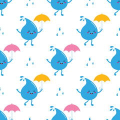 Cute happy cartoon style blue water drop character with umbrella vector seamless pattern background.
