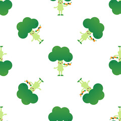 Cute smiling broccoli character holding a plate with fresh vegetables vector seamless pattern background.

