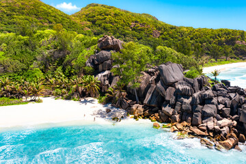 Grand Anse - one of the most beautiful beach of Seychelles. La Digue Island, Seychelles - obrazy, fototapety, plakaty