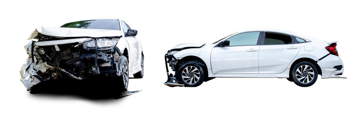 Front and side view  of white car get damaged by accident on the road. damaged cars after...