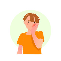 Little girl with rotten tooth and sore, holding his cheek.