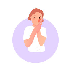 Little girl with rotten tooth and sore, holding her cheek.