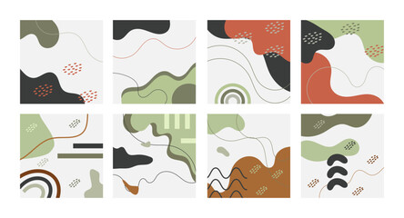 Set of abstract backgrounds. Hand drawn various shapes and doodle objects. Contemporary modern trendy vector illustrations. Every background is isolated. Hand drawn organic shapes.