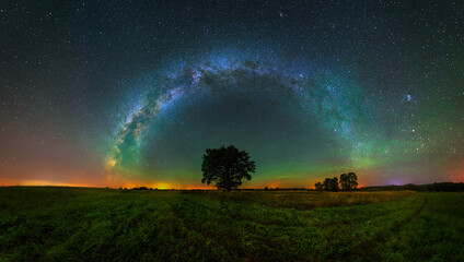 Panorama view of milky way in the night sky, deep starry sky with Milky way over head