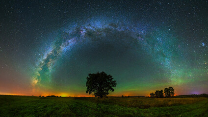 Panorama view of milky way in the night sky, deep starry sky with Milky way over head © lukjonis