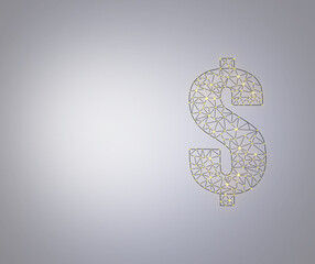 Neon black golden dollar sign on light background with copy space. 2d polygonal linear symbol of currency on gray background with space for text with bright starlight. Exchange rate, exchange, economy