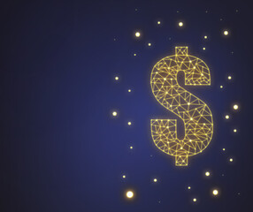 Neon golden dollar sign on dark blue background with copy space. 2d polygonal linear symbol of currency on dark background with place for text with bright starlight. Exchange rate, exchange, economy