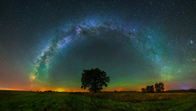 Panorama view of milky way in the night sky, deep starry sky with Milky way over head