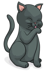 Tender cat with dark fur licking its paw, Vector illustration