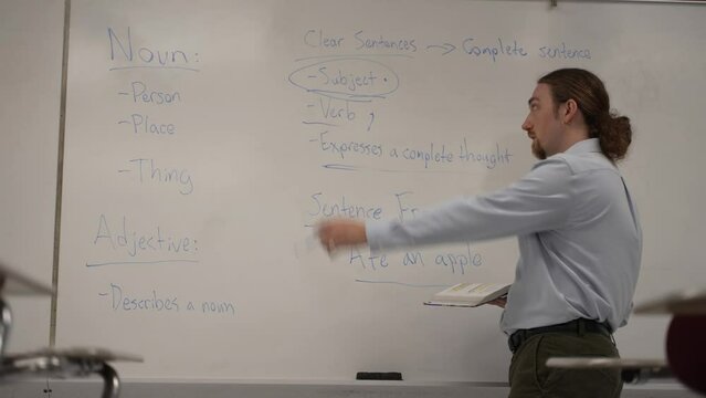 Male school teacher holding book teaching school classroom at a whiteboard, answering questions.
