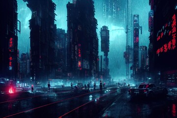 Asian, japanese cyberpunk futuristic city. Dark rainy day with sky scrapers. Dystopic future with neon signs and light. Advanced technological metropolis. Blade runner feeling. Digital artwork. - obrazy, fototapety, plakaty