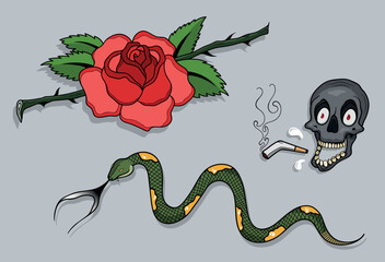Collection of designs for tattoos, roses, skull and snake