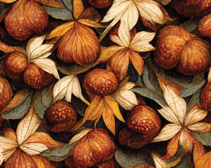 A warm autumn abstract pattern of leaves and chestnuts. Thanksgiving time.