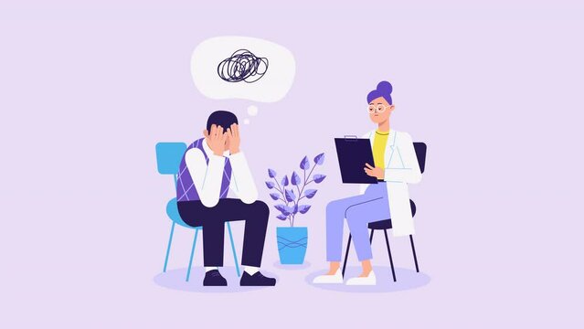 Psychotherapy session with depressed man animation. Mental health, depression. psychological help, psychiatrist consulting patient. Psychology. tangled mind, brain, thoughts. 2d flat cartoon style
