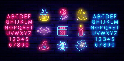 Happy Halloween neon icons collection. Pumpkin, ghost and moon. Trick or treat concept. Vector stock illustration © Anastasia Gapeeva
