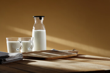Fototapeta na wymiar Desk of free space and fresh cold milk. 