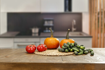 Desk of free space and pumpkins. 