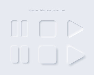 Neumorphic media buttons set. Minimal vector design elements for Ui.