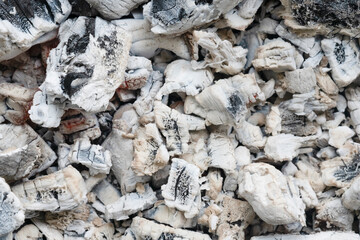 Black coals and white ashes after a fire. White charred pieces of wood