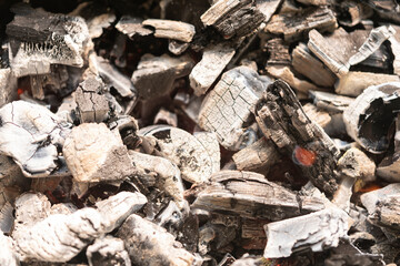 Black embers coals and white ash after a fire. White charred pieces of wood