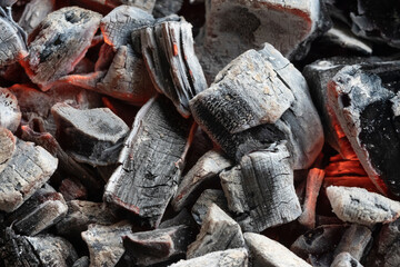 Black embers coals and white ash after a fire. White charred pieces of wood