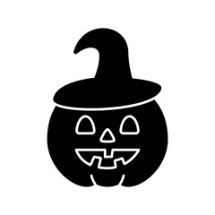 Scary pumpkin with glyph hat glyph icon. Happy halloween design. Season october holiday. Isolated vector illustration