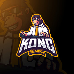 Gorilla Kong gaming wearing glasses and office wear holding keyboard and mouse mascot logo design illustration vector for esport
