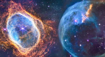 Galaxy and Nebula in deep space. Bright space with stars. Sky in Universe. Collage of James Webb and Hubble space telescope. Southern Ring Nebula. Elements of this image furnished by NASA