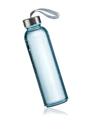 Glass sport water bottle with metal top and drops on white background - obrazy, fototapety, plakaty