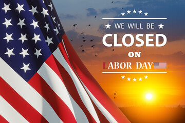 Labor Day Background Design. American flag on a background of sunset sky with flying birds with a...