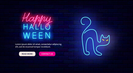 Happy Halloween neon flyer on brick wall. Blue witch cat icon. Scary holiday party promotion. Vector stock illustration