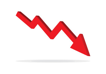 Red 3d arrow going down stock icon on white background. Bankruptcy, financial market crash icon for your web site design, logo, app, UI. graph chart downtrend symbol.chart going down sign.	