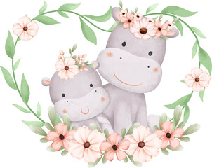 Cute mother and baby hippo in flower wreath 