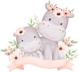 Cute hippo and baby with flowers and pink ribbon