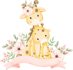 Cute giraffe and baby with flowers and pink ribbon © Stella