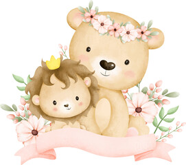 Cute lion and baby with flowers and pink ribbon