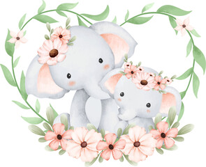 Cute elephant and baby in flower wreath