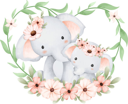 Cute elephant and baby in flower wreath © Stella