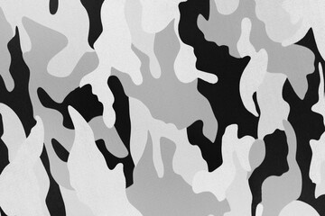 White black camouflage pattern fabric background texture. military and hunting clothes. winter and snow camouflage