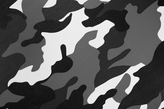 White black camouflage pattern fabric background texture. military and hunting clothes. winter and snow camouflage