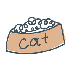 A simple doodle of a bowl of cat food. Products for animals. Vector illustration isolated on white background