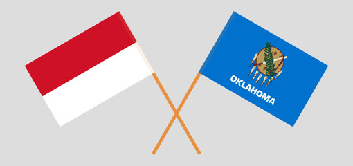 Crossed flags of Indonesia and The State of Oklahoma. Official colors. Correct proportion