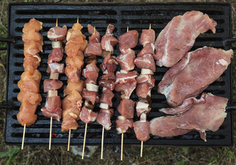Raw meat grilling on fire