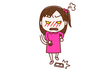 （全身正面）怒りに任せてスマートフォンを床に投げて叩きつける少女