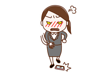 （全身正面）怒りに任せてスマートフォンを床に投げて叩きつけるスーツ姿の女性