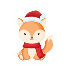 Cute little fox sitting in a Santa hat and red scarf. Cartoon animal character for kids t-shirts, nursery decoration, baby shower, greeting card, invitation. Isolated vector stock illustration